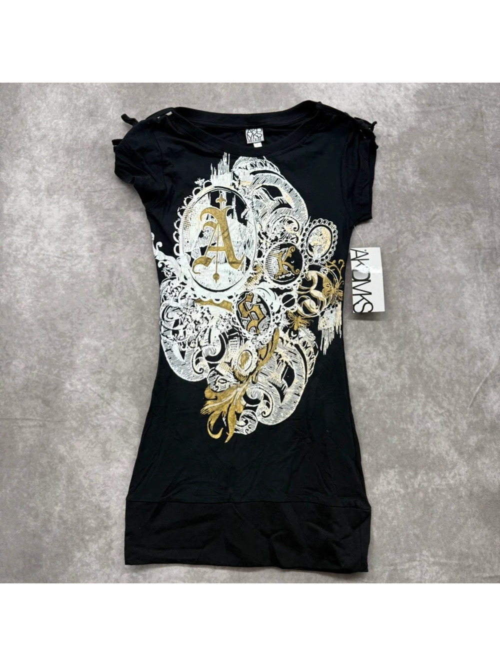 Vintage Y2K Academicks Gold Foil Crest Mini Dress Medium NWT